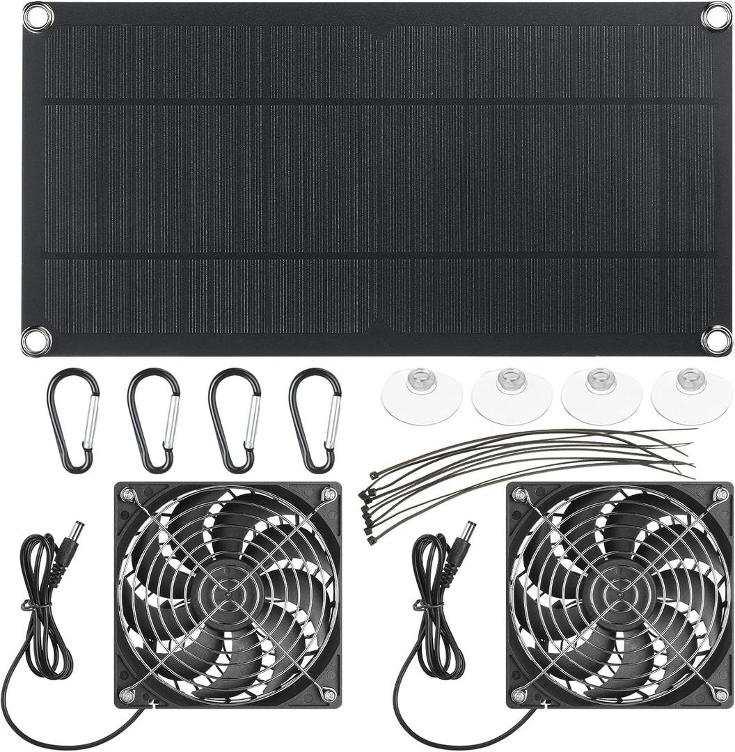 10w 12v Solar Panel Dual Fans Kit Waterproof Outdoor Solar Powered Exhaust Ventilation Fan Dual USB Portable Solar Attic Fan for Chicken Coop Greenhouse Shed PET Houses Window (1 Set)