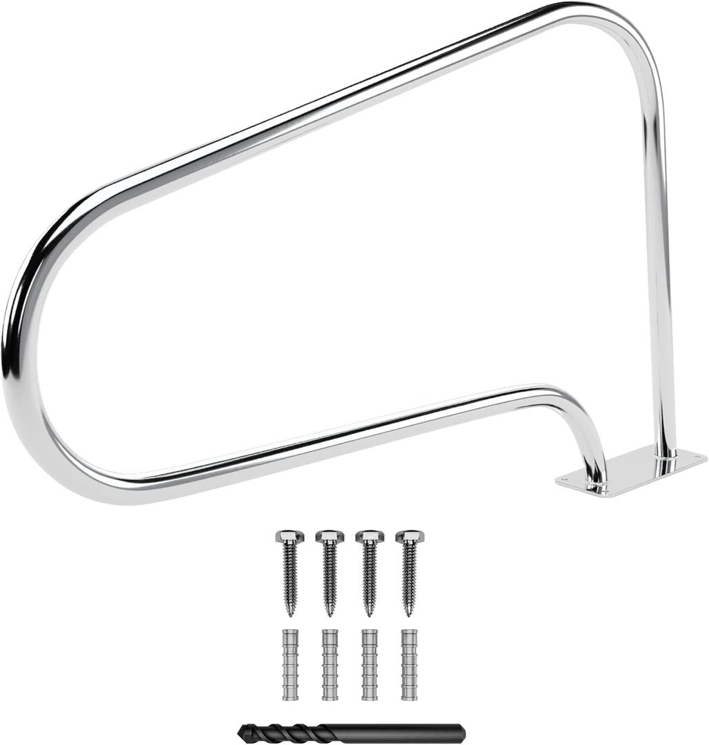 FibroPool Swimming Pool Hand Rail with Easy Mount Base Plate, Rust and Weather Proof Grab Rails for Pools and Spas, Large (Stainless Steel)