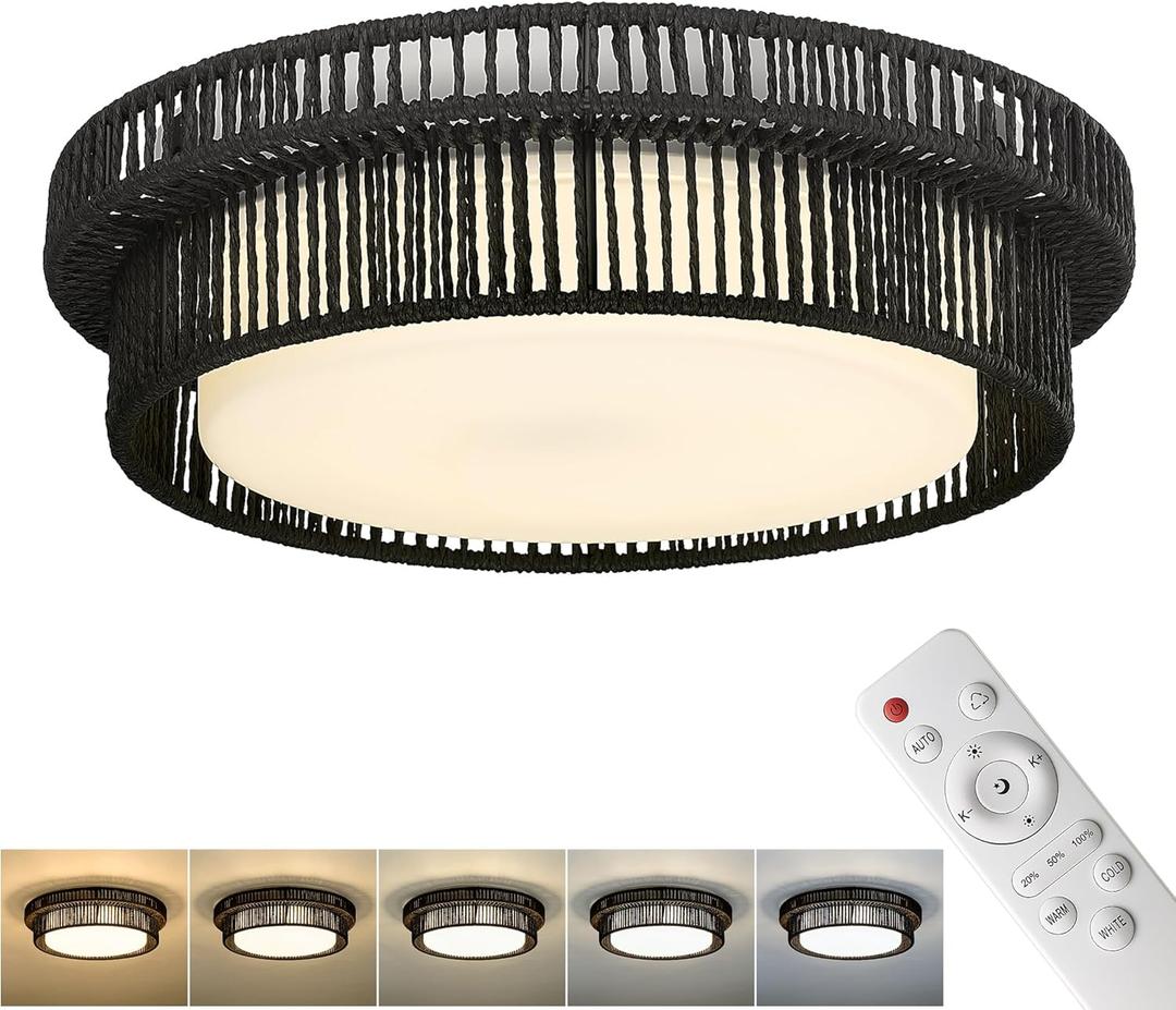 Black Rattan Ceiling Light, HWH 24W LED Flush Mount Close to Ceiling Light, 16'' Boho Light Fixtures Ceiling Twine Coastal Lighting Fixtures for Bedroom Hallway 5CCT Remote Control, 5HYS78MF-LED BK (15.7 Inch)