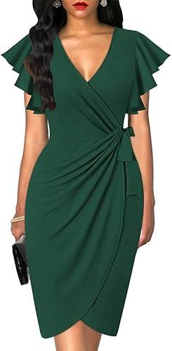 oten Womens Deep V Neck Ruffle Sleeve Sheath Casual Cocktail Party Work Faux Wrap Dress (Dark Green, XL)