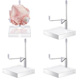 Suzile 4 Pcs Adjustable Metal Arm Display Stand Easel with Acrylic Base Rock Display Easel Holder Acrylic Crystal Clear Plate Stand for Geodes Mineral Agate (Silver, 2.8 x 2.8 x 4 Inch)