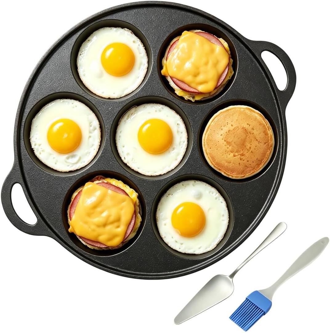 7 Cup Egg Pan, Cast Iron Omelette Pan with Iron Handles, 10 Inch Egg Frying Pan for Stovetop & Oven, Natural Nonstick When Seasoned for Eggs, Pancakes, Family Breakfast, Oven Safe