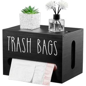 DRASTAR Bag Dispenser, Large Wooden Bag Holder Wall Mount, Black Roll Holder for for 13-gallon Plastic Garbage Bags Dispenser Countertop, Under Kitchen Sink Organization