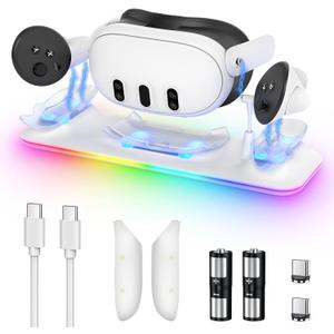Charging Dock for Meta Quest 3S/3, YUANHOT Fast Charging Station with Color RGB Light for Oculus Quest 3S/3 Accessories, Magnetic Charger Stand for Headset/Controller with 2 Rechargeable Batteries