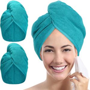 Microfiber Hair Towel Hair Wrap: 2 Pack 10X26 Hair Dryer Towels for Women Absorbent Turban Twist Hair Drying Shower Cap Curly Hair Products for Hair Care Hair Accessories (09 2-Pcs Aqua Green)