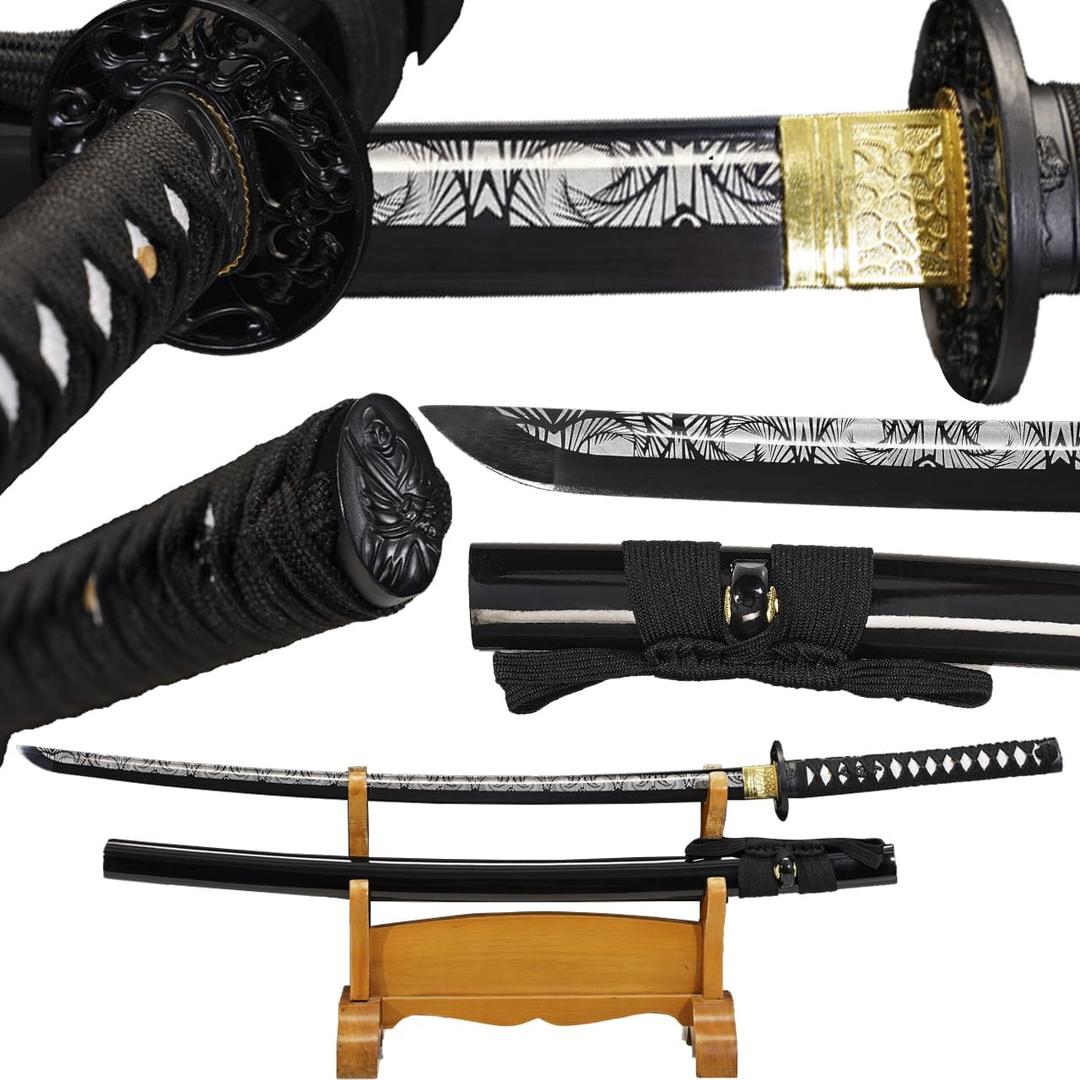 Wuaiyebet-1045/1060 high Carbon Steel Full Hand Forged Traditional, Katana Sword Hademade Heat Tempered ，Japanese Samurai Swords ，Full Tang,Functional,Black