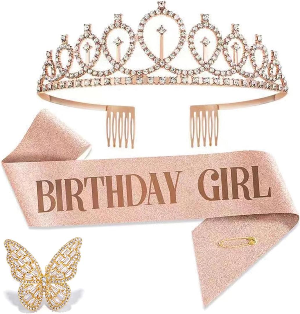 birthday girl sash and crown Rhinestone Tiara Set Birthday Sash and Tiara for Women Birthday Decoration Kit Rhinestone Headband for Girl Glitter Crystal Hair Accessories for Birth Party (Rose Gold Set)