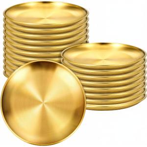 20 Pieces Gold Stainless Steel Plates, 6.5 Inch Metal Round Dinner Dishes, Reusable and Dishwasher Safe for BBQ, Salad, Snack, Desserts, Food Serving, Outdoor Camping