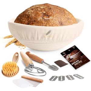 BAKERIA 9" Sourdough Bread Proofing Basket Kit  Artisan Banneton Set, Linen Liner, Whisk, Bread Lame & Blades, Scrapers, Brush, Recipe Book  Complete Baking Tools Gift