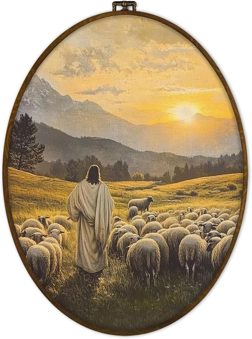 GWFSJYU Vintage Christian Jesus Lamb Framed Oval Wall Art Decor, Easter Good Shepherd Landscape Canvas Prints Wall Art, Rustic Jesus Religious Hanging Decor for Farmhouse Home Living Room, 8.7x11.3in
