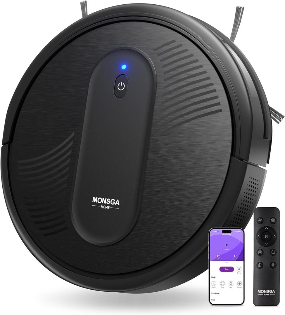 MONSGA Robot Vacuum Cleaner, 4000Pa Powerful Suction Robotic Vacuum, 3.2" Super-Slim, 140Min Runtime, Vacuum Robot for Hard Floor/Low Pile Carpet/Pet Hair, Remote/App/Voice Control, Schedule Clean (Black)