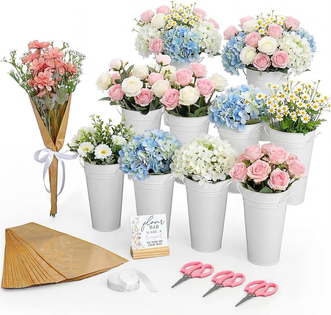 Sadnyy 55pcs Flower Bar Buckets Set 10 Inch Galvanized Metal Bucket Flower Wrapping Bags with Ribbons Wood Sign and Floral Shears for Florist Bridal Shower Wedding Table Centerpieces(White)