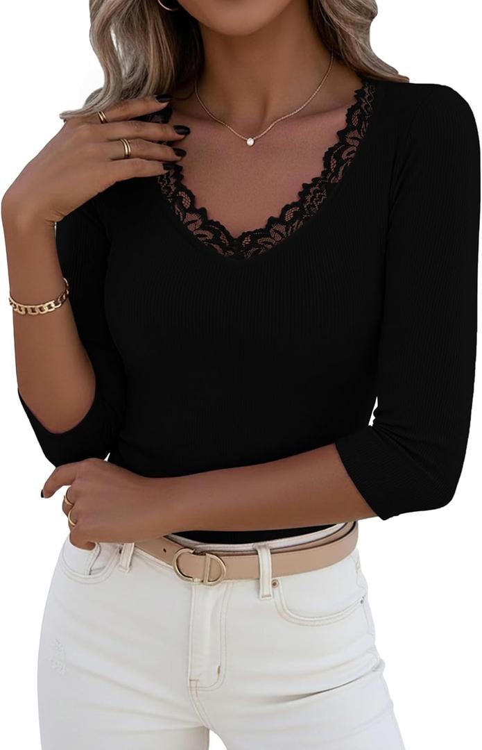 LUXVEER 3/4 Length Sleeve Womens Tops Lace Sexy V Neck Ribbed Knit Fitted T Shirts Dressy Casual Blouses Going Out Tops (Black, M)