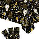 KatchOn, Happy New Year Tablecloths - 108x54 Inch, Pack of 3 | Happy New Years Decorations 2026 | Disposable Rectangular Tablecloths Plastic | Black and Gold Table Cloth for New Years Eve Decorations (Clock)