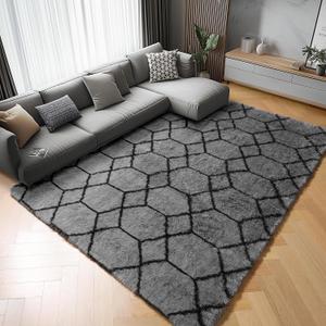 ONASAR Rugs for Living Room, Fluffy Soft 5x8 Grey and Black Geometric Area Rug for Bedroom, Shaggy Fuzzy Plush Moroccan Floor Carpet for Kids Boys Girls Teen Nursery Dorm Office Home Decor Aesthetic