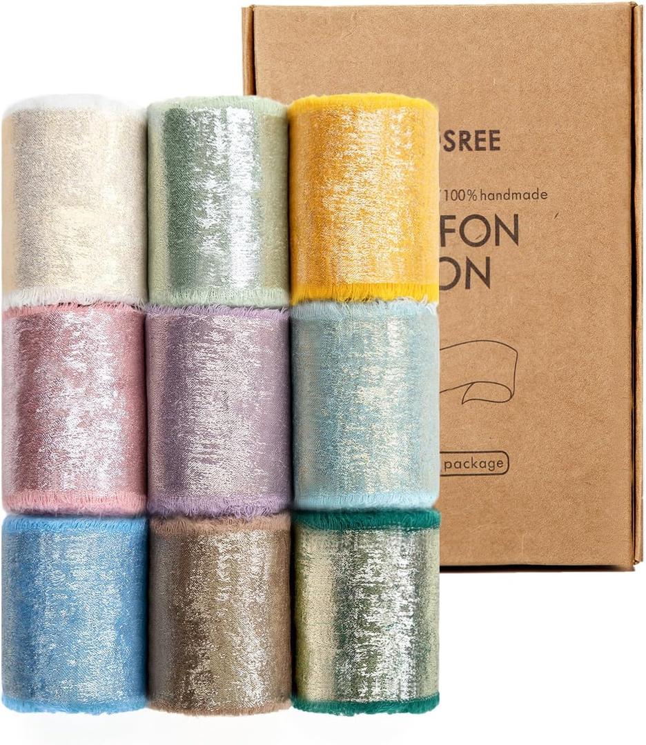 KEOSREE Multicolour Silk Chiffon Ribbon,Frayed Shimmery Silk Ribbon for Bridal Flower Bouquet Christmas Gift Wrapping Wedding Decor Invitations Decorations 1.5" x 18 Yards (2Yards X 9 Rolls)