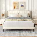 King Size Bed Frame with Wingback Headboard, Upholstered Platform Bed, No Box Spring Needed, Sturdy Wooden Slat Support, Easy Assembly, Cream