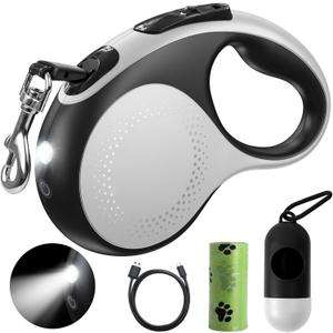 Retractable Dog Leash with Led Light, Douexio 16ft Heavy Duty Dog Leash Retractable for Medium Large Dogs Up to 110lbs, 360 Tangle-Free, One-Button Control, High Strength Hook (White, 66-110 lbs)