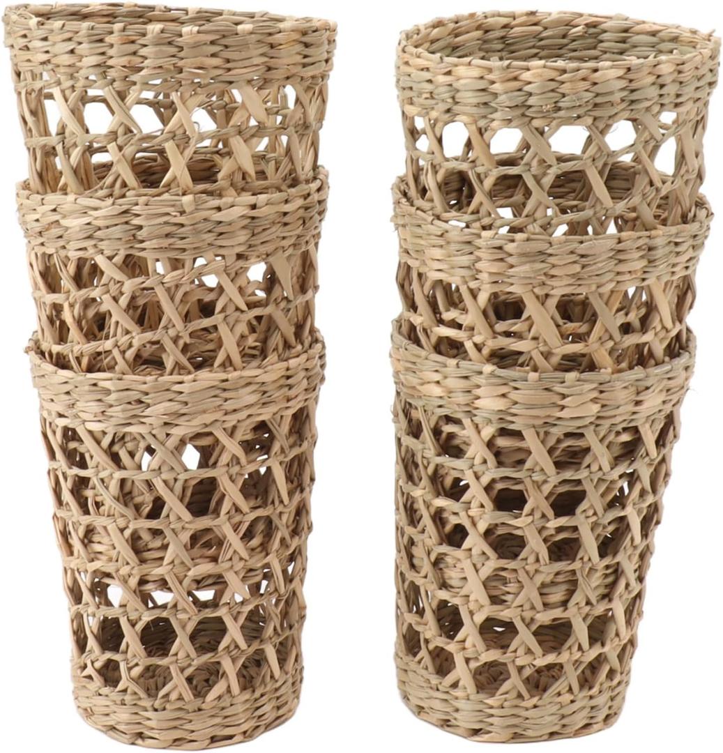 BEIJIALY 6 PCS Wicker Woven Cup Holder, Rattan Decor Coffee Cup Sleeve, Anti Scald Hollow Straw Woven Glass Cup Sleeve for Glass Bottles Plastic Cups Mugs