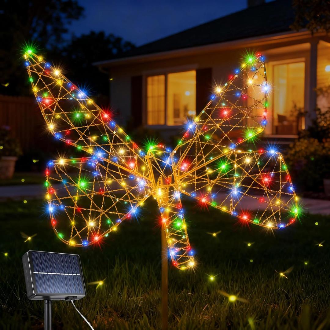 Lomotech Solar Garden Lights - 18" 240 Leds Foldable Outdoor Butterfly Garden Decor, Waterproof Larger Outdoor Solar Lights with Iron for Garden Patio Yard Lawn Pathway Decorations (Multicolor)