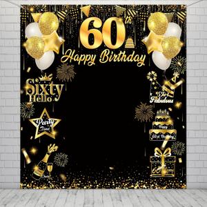 60th Birthday Decorations Banner, Large 60th Birthday Backdrop for Photo Booth Props, Black and Gold Photo Backdrop for Men Women Outdoor Indoor