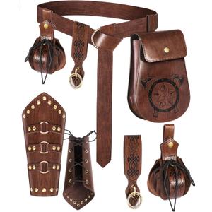 5PCS Renaissance Accessories Medieval Belt Leather Bracers Belt Pouch Keychain Renaissance Costume Set for Halloween
