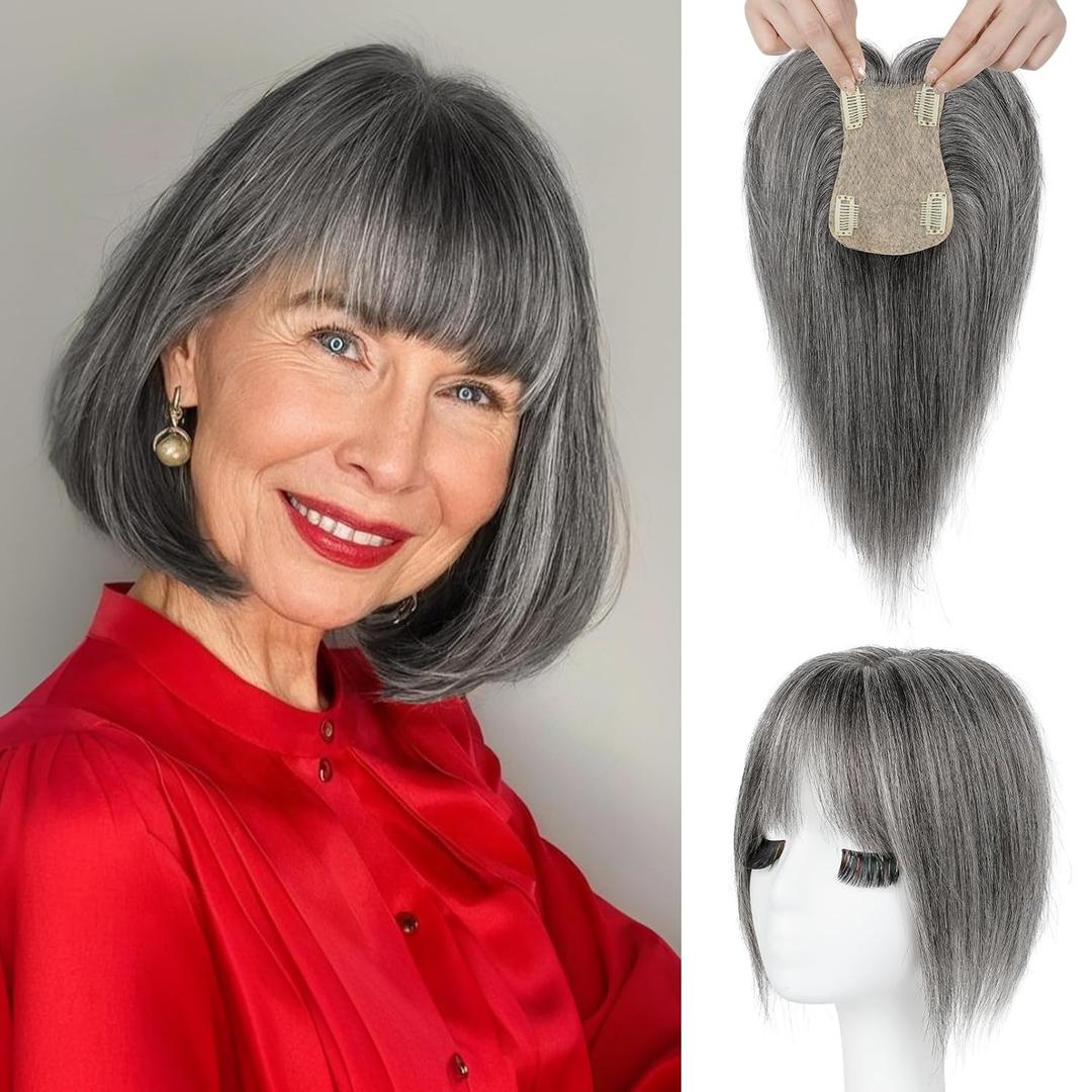REECHO Human Hair Toppers with Bangs, Thick Hair Volume Topper Hairpiece for Women Real Human Hair Extensions for Daily Wear, Dark Gray (3.6"x5.0")