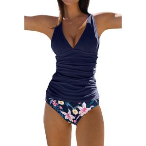 Beachsissi Women's Cute Floral Print Swimsuits V Neck Tummy Control Tankini Set (X-Large)