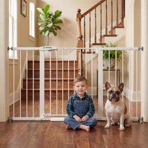 Mumeasy 29.7-57" Extra Wide Baby Gate, Auto Close Large Dog Gate for Doorways, No Drilling Pressure Mounted Pet Safety Gate for Stairs, Easy Walk Through Child Gate for Hallways, House, Indoor, White