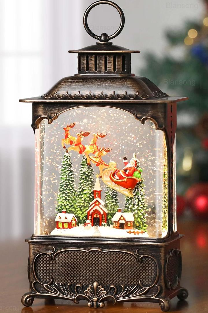 Christmas Snow Globe Lantern Santa Claus Christmas Eve Decorations Gifts Auto Snowfall Glitter Music Collection Church Snowy Village with 6H Timer USB/Battery Powered 10.2 inch