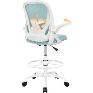 Primy Drafting Chair Tall Office Chair with Flip-up Armrests Executive Ergonomic Computer Standing Desk Chair with Lumbar Support and Adjustable Footrest RingLight Blue