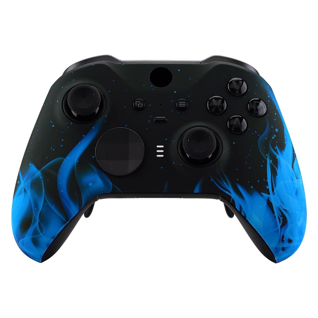 eXtremeRate Blue Flame Patterned Faceplate Cover, Soft Touch Front Housing Shell Case Replacement Kit for Xbox One Elite Series 2, Xbox Elite 2 Core Controller Model 1797 - Accent Rings Included