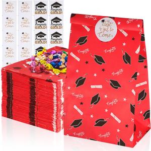 Kolldenn 60 Pcs 2026 Graduation Treat Bags with Stickers Red Paper Graduation Gift Bags Bulk for Congrats Grad Party Favors Wrapping Candy Goodie Popcorn Snack Senior College Masters Degree Supplies