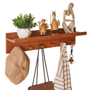 Aibiju Wall Mounted Hook with Shelf, 23.62in Entryway Wall Hanging Shelf, Solid Wood Coat Hooks, for Bathroom, Kitchen, Cherry Wood Color YD-WS0260C