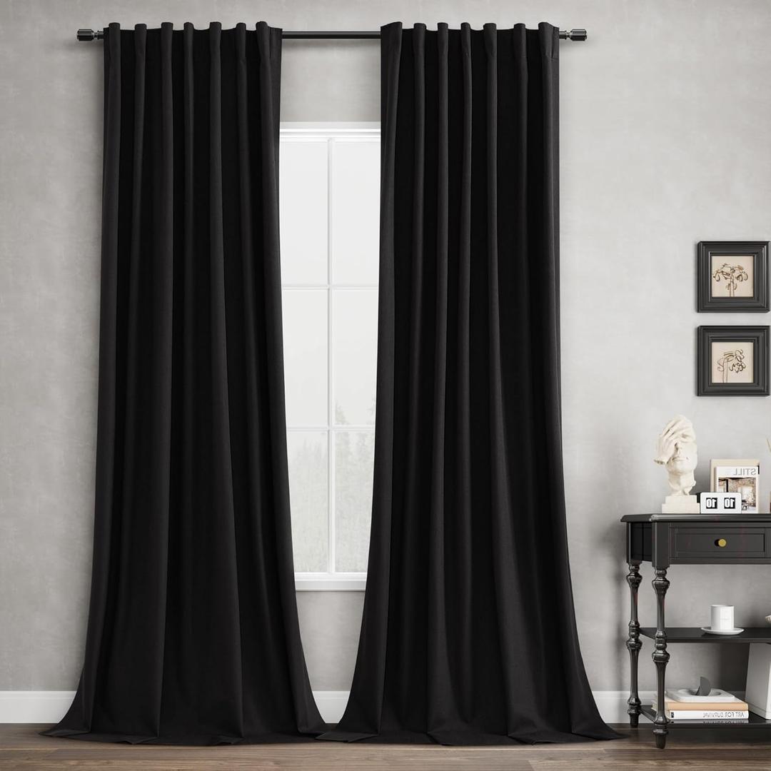 Black 100% Blackout Linen Curtains 108 Inches Long 2 Panels for Bedroom Vintage Modern Black Out Drapes Thermal Insulated Back Tab Rod Pocket Window Curtain 108 Inch Length for Living Room