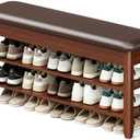LBT Shoe Bench with Storage, Solid Rubberwood Shoe Rack Bench for Entryway, Adjustable 6.3" Shelf Fits High-Top Shoes & Boots, Hidden Storage Compartment, Cushion Seat, Stay-Open Hinge, Walnut