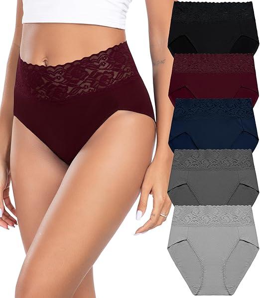 Wealurre Womens Underwear Cotton Bikini Panties for Women High Waisted Lace Hipster Stretch Briefs for Ladies 5 Pack(Size M)