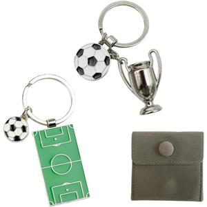2 pieces green football Soccer field key chain + Soccer football match trophy key chain with gift bag as a birthday gift for football lovers, souvenirs