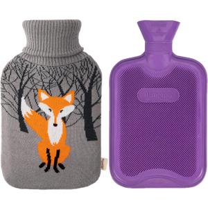 HomeTop Premium Classic Rubber Hot Water Bottle with Cute Fox Knit Cover (67.63 Fl Oz (Pack of 1), Purple)