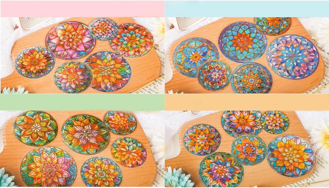 capasin Mandala Stickers 48 Pcs PET Kit for Scrapbooking Waterproof Clear Sticker Junk Journaling Supplies Journal Diary Planner Collage Laptop Paper Crafts Outlines Glitter Shiny Decorative Decals