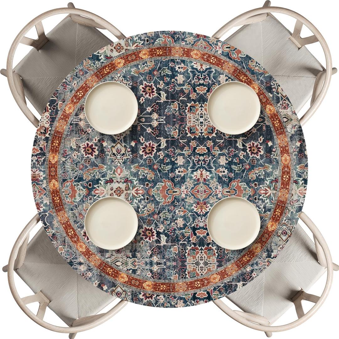 Horaldaily Regular Fitted Tablecloth 60 Inch Round, Boho Bohemia Vintage Country Rustic Farmhouse Distressed Washable Table Cover Elastic Edged for Dinning, Picnic, Camping, Banquet (Black)