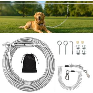 VST Dog Runner for Yard - Dual Shock Absorbing Dog Trolley System,Heavy Duty 100FT Chew Proof Zip Line with Spring Run Cable for Outdoor/Camping/Backyard,Fits Small/Medium/Large Dogs Up to 250LBS (Silver)