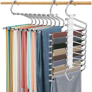 Upgrade 9 Layers Pants Hangers Space Saving, 2 Pack Multifunctional Pants Rack Non Slip Stainless Steel Clothes Space Saver Hangers Closet Organizers Storage for Pants Jeans Leggings, Creamy White