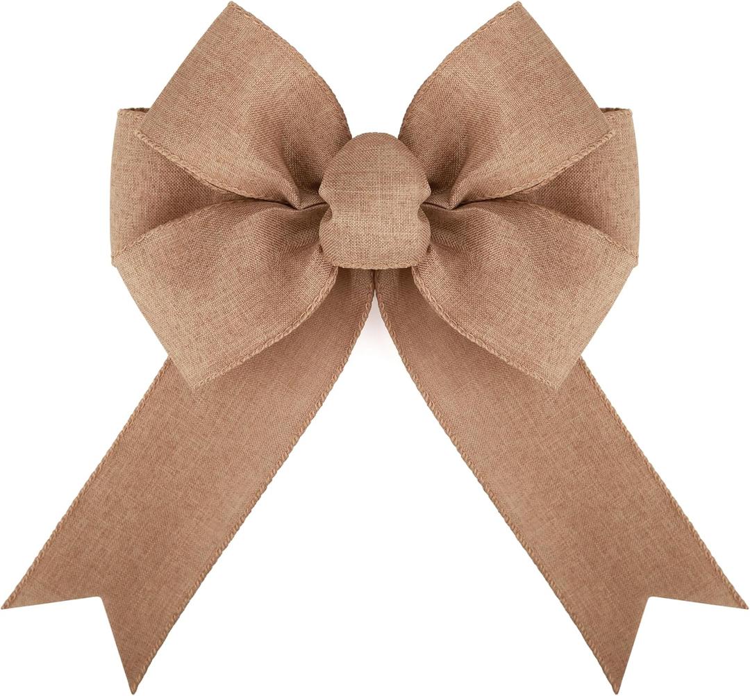 Meseey 2 Pcs 12 x 8.8 Inch Big Bow with Natural Burlap with Red Ribbons Bow Use for Christmas Gift Wrapping, Party Decoration