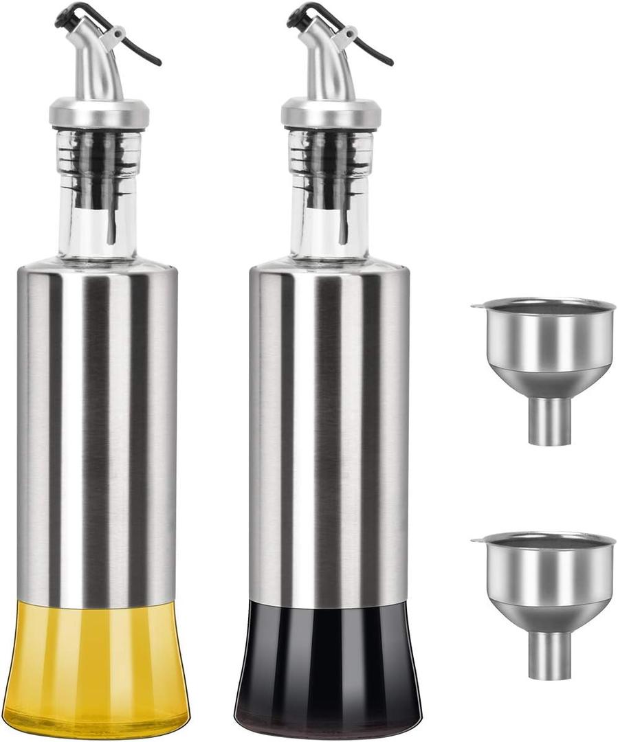 onlyfire Olive Oil and Vinegar Dispenser Set - 2Pack, 12 Oz Stainless Steel Oil Bottles Dispenser for Kitchen Cooking and BBQ (2PCS Funnel included)
