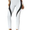 Fisoew Womens High Waisted Leggings Color Block Yoga Pants Workout Running Stretchy No See Through Leggings White (XL)