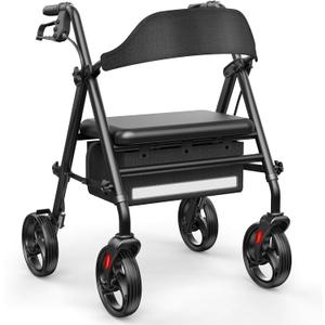 Walkers for Seniors with Seat, Thick Padded Comfortable Seat 350 lb | Rollator Walker with Seat, Lightweight Foldable Thickened Tube Frame, Height Adjustable, 8'' Wheels Rolling Walker Black