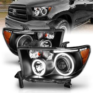AmeriLite for 2007-2013 Toyota Tundra | 2008-2017 Sequoia Xtreme LED Halo Tubes Black Projector Headlights Set - Passenger and Driver Side