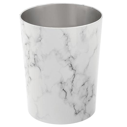 mDesign Round Metal Small 1.7 Gallon Recycle Garbage Can Wastebasket, Garbage Container Bin for Bathrooms, Kitchen, Bedroom, Home Office Durable Stainless Steel Mirri Collection White Marble