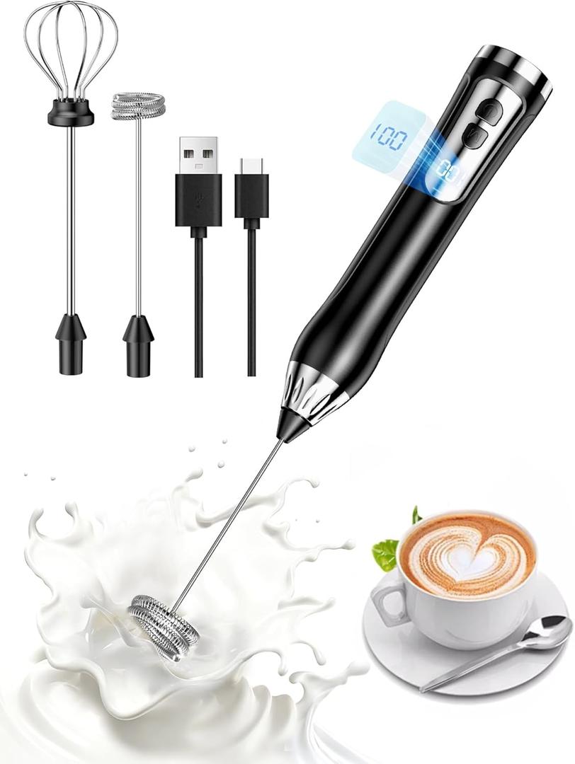 Rechargeable Milk Frother, Coffee Frother Handheld Wand, IP67 Waterproof Electric Foam Maker, High Power High-speed Drink Mixer Foamer for Matcha, Lattes, Cappuccino (Black)